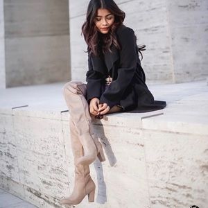 Beige suede over the knee heeled boots